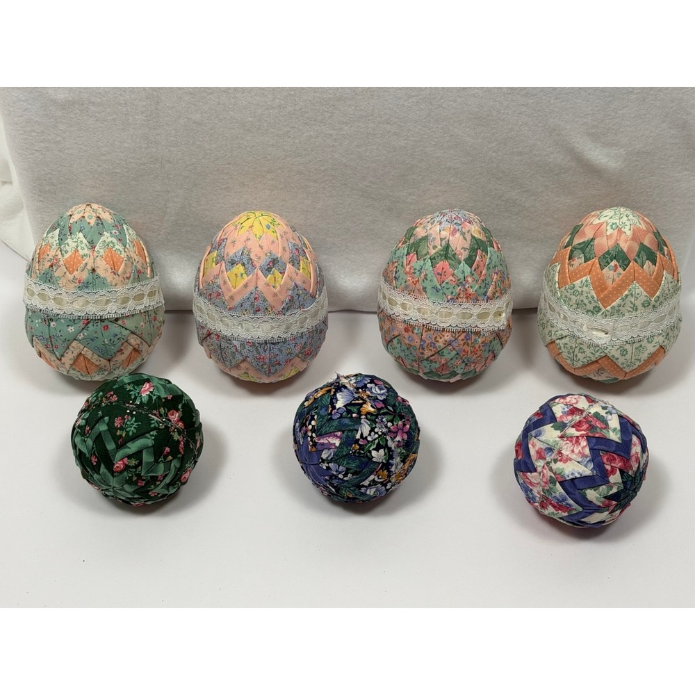 Handmade Quilted Fabric Decorative Eggs & Balls – Patchwork - Lot of 7